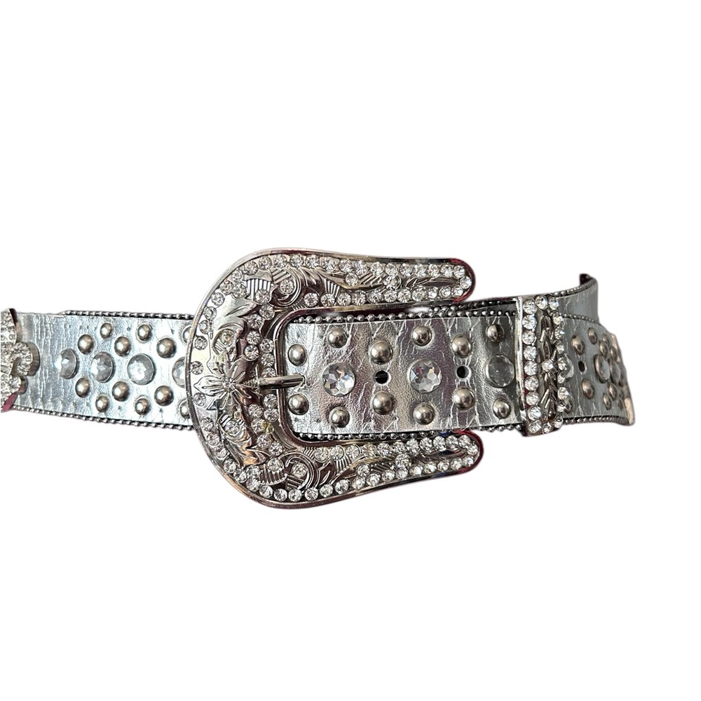 Silver Fleur De Lis Studded Bejeweled Faux Leather Statement Belt Size Large - Picture 12 of 12